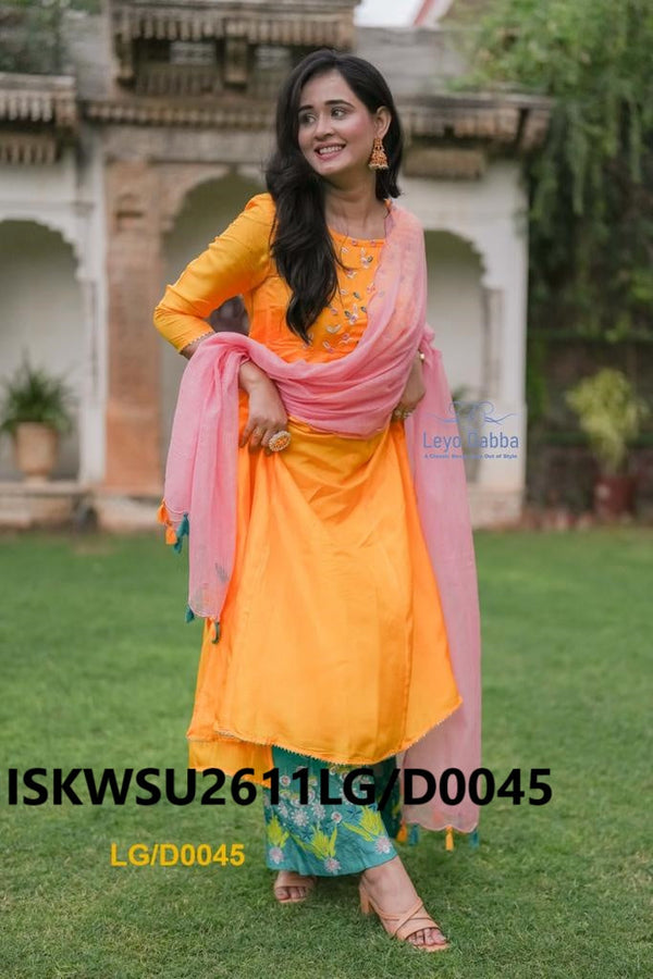 Embroidered Silk Anarkali Kurti With Printed Pant And Dupatta-ISKWSU2611LG/D0045