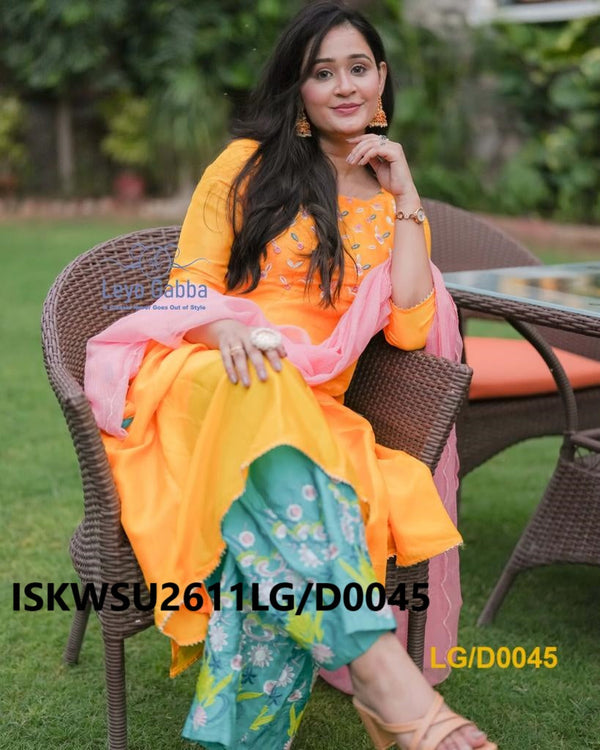 Embroidered Silk Anarkali Kurti With Printed Pant And Dupatta-ISKWSU2611LG/D0045