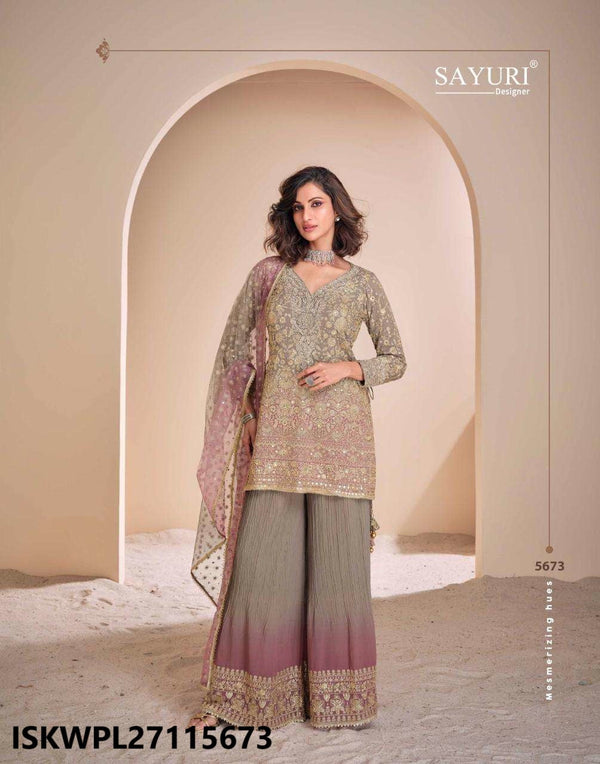 Embroidered Georgette Kurti With Palazzo And Dupatta-ISKWPL27115673