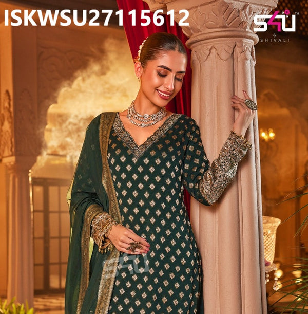 Zari Weaved Silk Kurti With Pant And Embroidered Dupatta-ISKWSU27115612