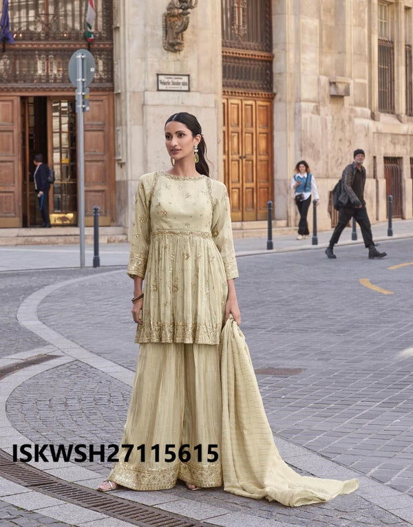 Embroidered Shimmer Peplum Kurti With Sharara And Dupatta-ISKWSH27115615