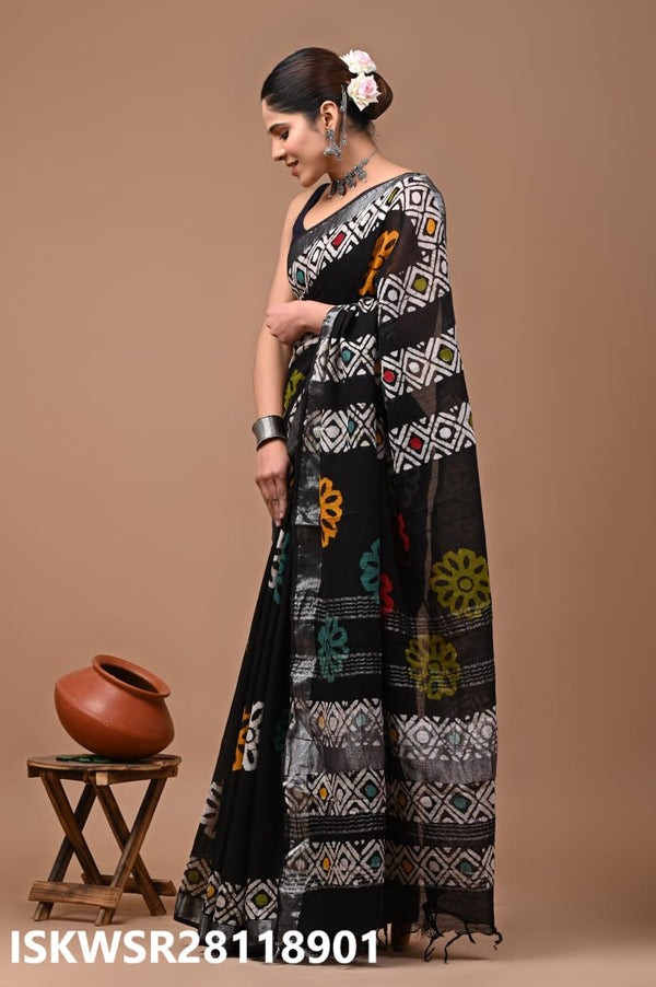 Hand Block Printed Linen Saree With Blouse-ISKWSR28118901