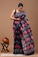 Hand Block Printed Linen Saree With Blouse-ISKWSR28118901