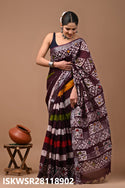 Hand Block Printed Linen Saree With Blouse-ISKWSR28118902