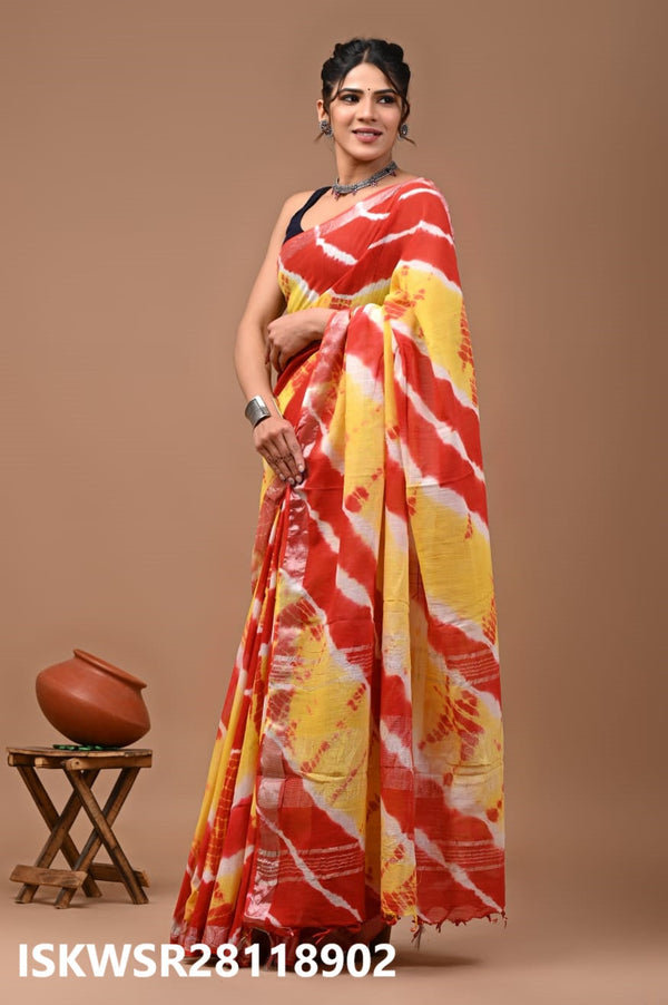 Hand Block Printed Linen Saree With Blouse-ISKWSR28118902