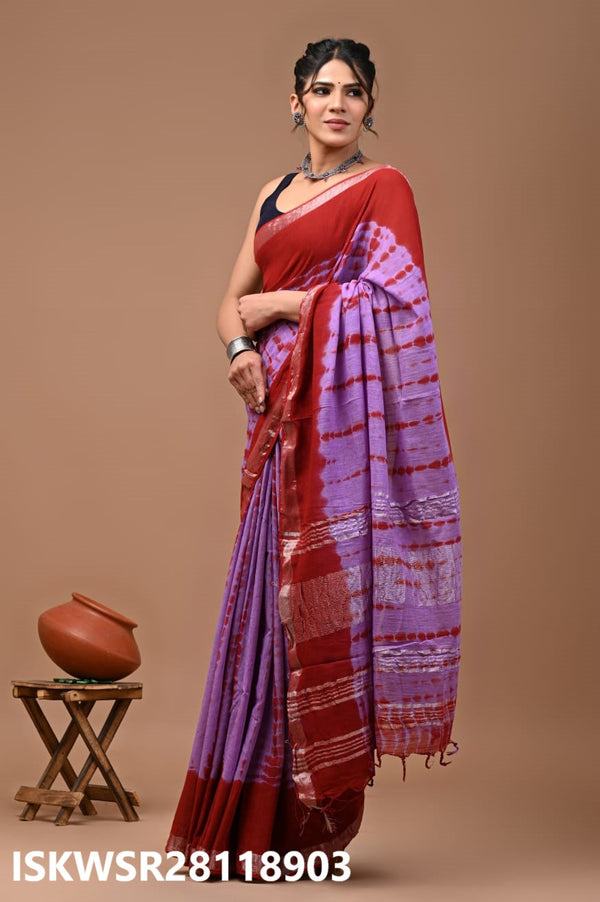 Hand Block Printed Linen Saree With Blouse-ISKWSR28118903