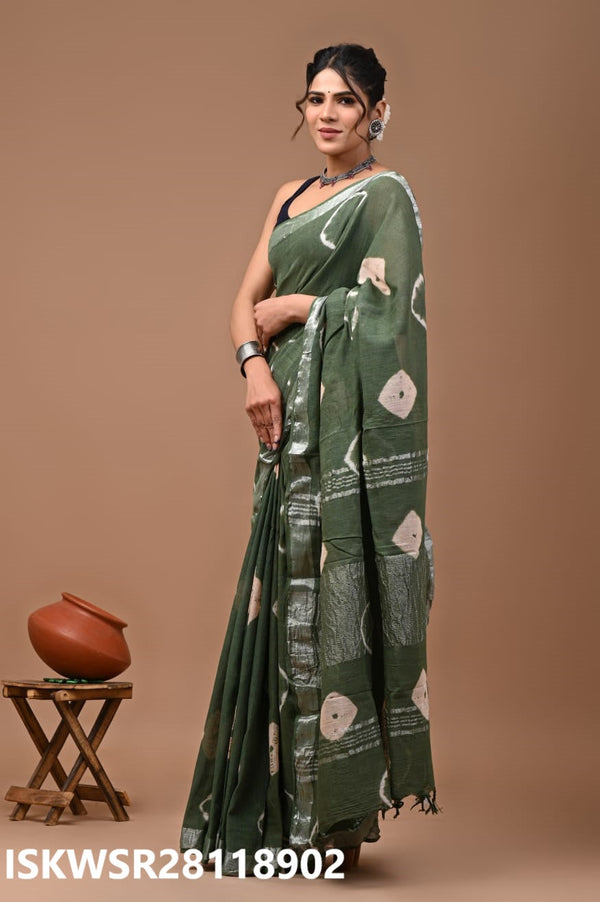 Hand Block Printed Linen Saree With Blouse-ISKWSR28118902