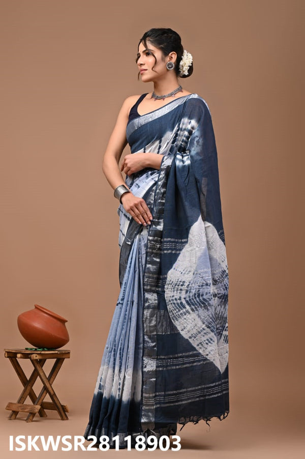 Hand Block Printed Linen Saree With Blouse-ISKWSR28118903