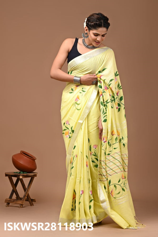 Hand Block Printed Linen Saree With Blouse-ISKWSR28118903