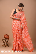 Hand Block Printed Linen Saree With Blouse-ISKWSR28118904