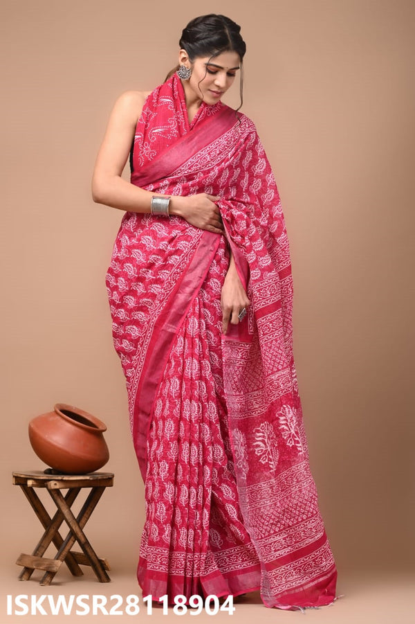 Hand Block Printed Linen Saree With Blouse-ISKWSR28118904