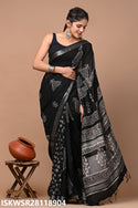 Hand Block Printed Linen Saree With Blouse-ISKWSR28118904