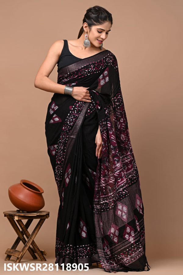 Hand Block Printed Linen Saree With Blouse-ISKWSR28118905