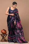 Hand Block Printed Linen Saree With Blouse-ISKWSR28118905