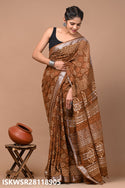 Hand Block Printed Linen Saree With Blouse-ISKWSR28118905