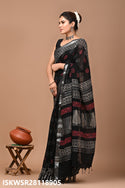 Hand Block Printed Linen Saree With Blouse-ISKWSR28118905