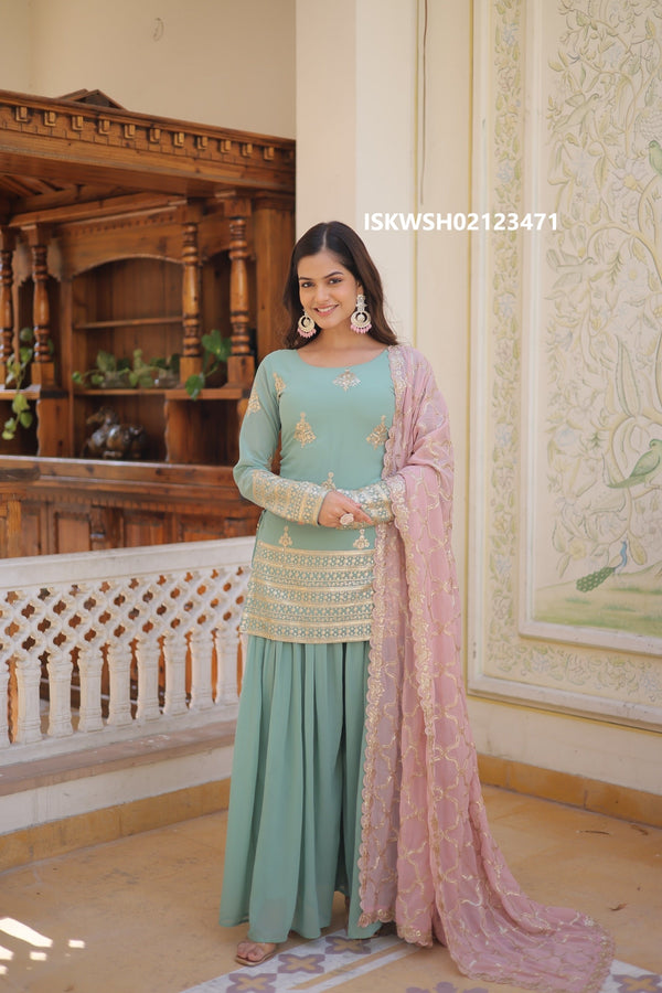 Embroidered Georgette Kurti With Sharara And Dupatta-ISKWSH02123471