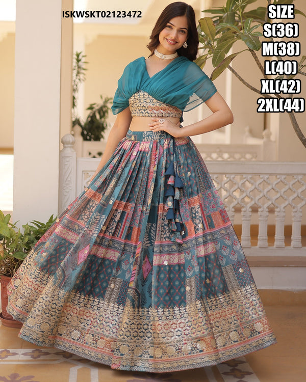 Digital Printed Silk Skirt With Embroidered Top-ISKWSKT02123472