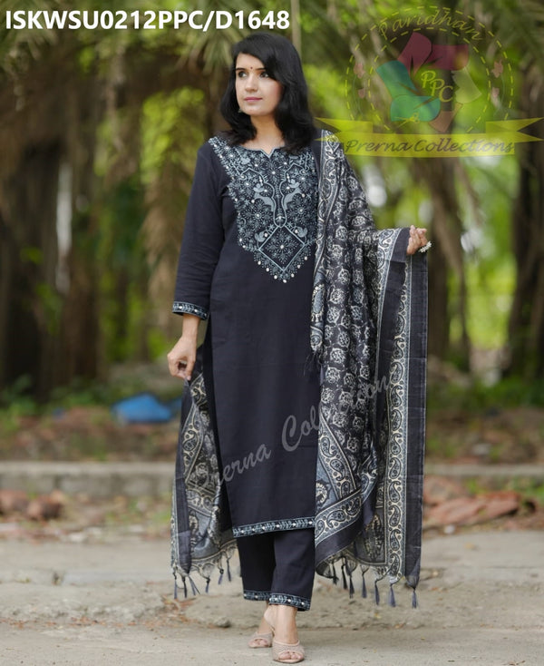 Handloom Cotton Kurti With Pant And Batik Printed Khadi Silk Dupatta-ISKWSU0212PPC/D1648