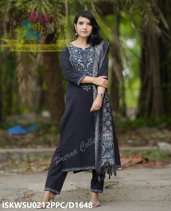 Handloom Cotton Kurti With Pant And Batik Printed Khadi Silk Dupatta-ISKWSU0212PPC/D1648