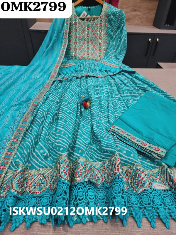 Lehariya Printed Malmal Cotton Anarkali Kurti With Pant And Malmal Dupatta-ISKWSU0212OMK2799