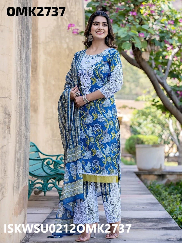 Printed Cotton Kurti With Pant And Dupatta-ISKWSU0212OMK2737