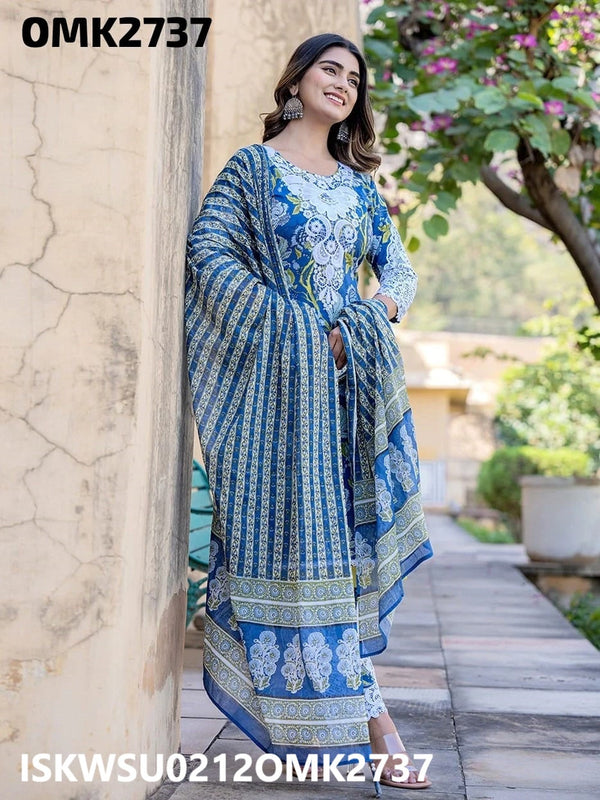 Printed Cotton Kurti With Pant And Dupatta-ISKWSU0212OMK2737