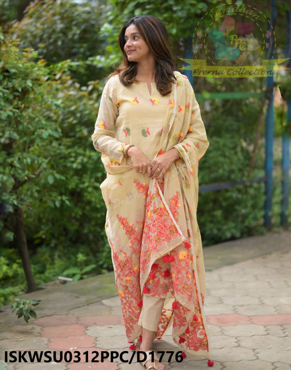 Jamdani Weaved Cotton Kurti With Pant AndDupatta-ISKWSU0312PPC/D1776