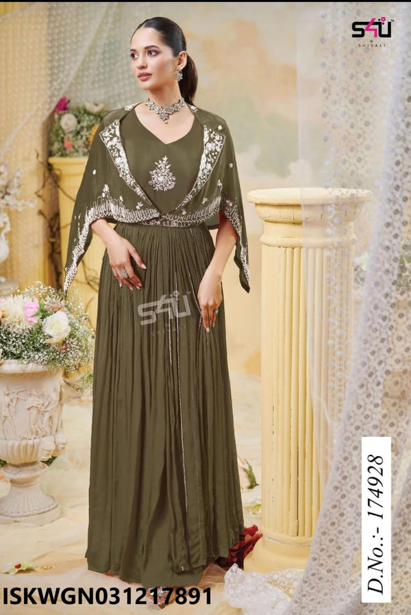 Silk Gown Attached With Embroidered Jacket-ISKWGN031217891