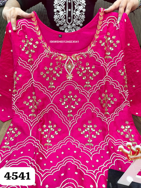 Embroidered Maslin Silk Kurti With Georgette Sharara And Organza Dupatta-ISKWSH0312AGC4541