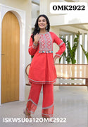 Embroidered Cotton Kurti With Pant And Dupatta-ISKWSU0312OMK2922