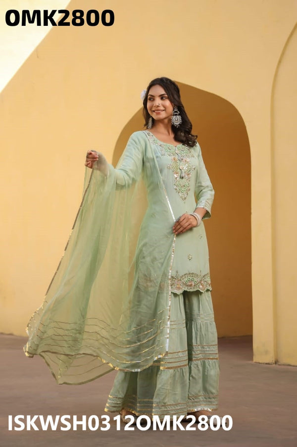 Embroidered Maslin Peplum Kurti With Sharara And Chiffon Dupatta-ISKWSH0312OMK2800