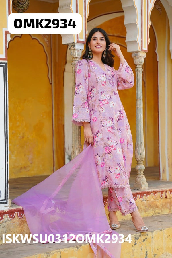 Digital Printed Linen Kurti With Pant And Organza Dupatta-ISKWSU0312OMK2934