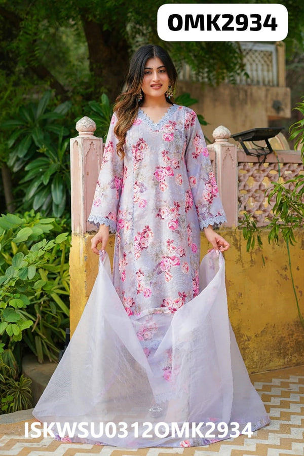 Digital Printed Linen Kurti With Pant And Organza Dupatta-ISKWSU0312OMK2934