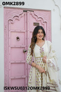 Block Printed Cotton Anarkali Kurti With Pant And Dupatta-ISKWSU0312OMK292