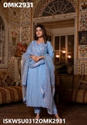 Embroidered Dobby Cotton Kurti With Pant And Printed Organza Dupatta-ISKWSU0312OMK2931