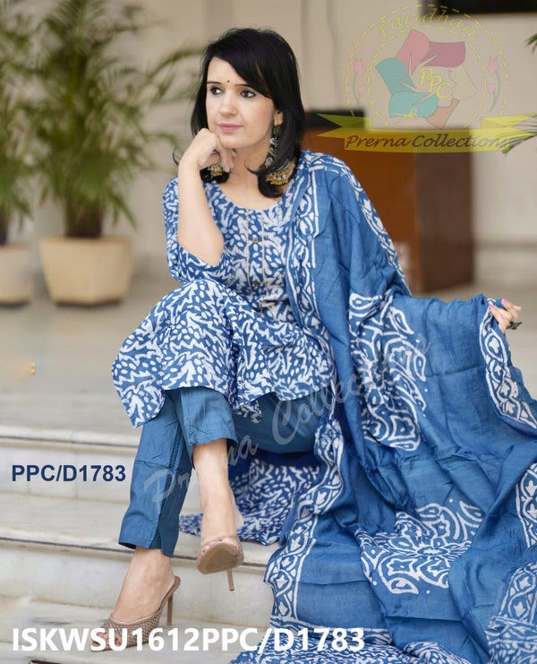 Hand Batik Printed Chanderi Kurti With Pant And Dupatta-ISKWSU1612PPC/D1783