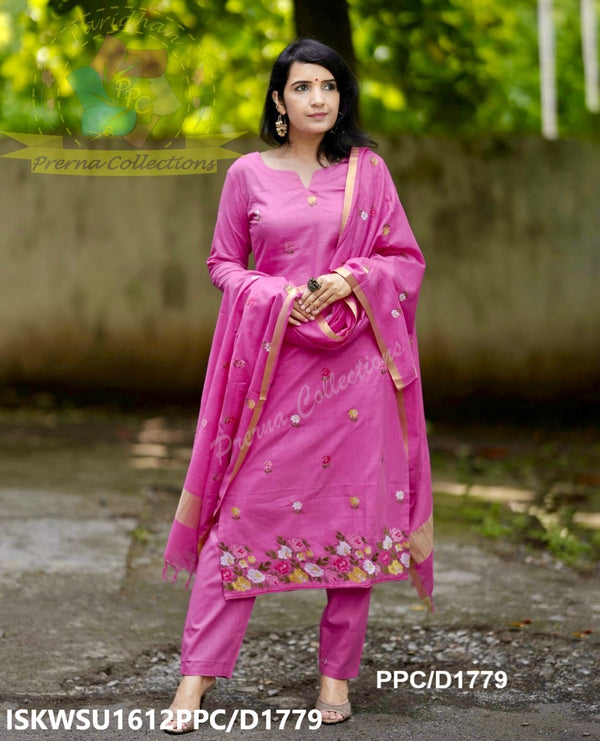 Embroidered Cotton Silk Kurti With Pant And Dupatta-ISKWSU1612PPC/D1779