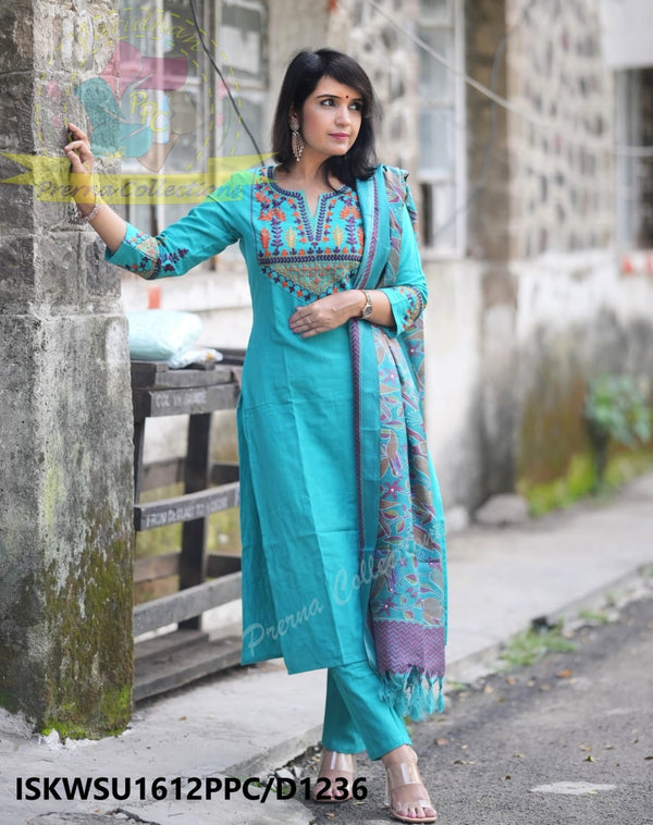 Handloom Cotton Kurti With Pant And Kantha Printed Khadi Silk Dupatta-ISKWSU1612PPC/D1236