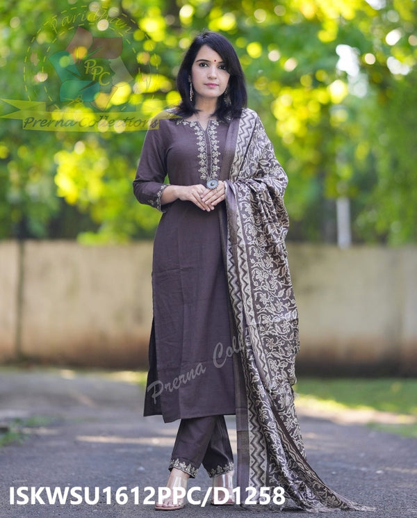 Handloom Cotton Kurti With Pant And Batik Printed Khadi Silk Dupatta-ISKWSU1612PPC/D1258