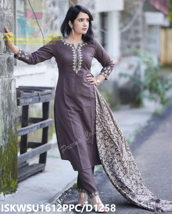 Handloom Cotton Kurti With Pant And Batik Printed Khadi Silk Dupatta-ISKWSU1612PPC/D1258