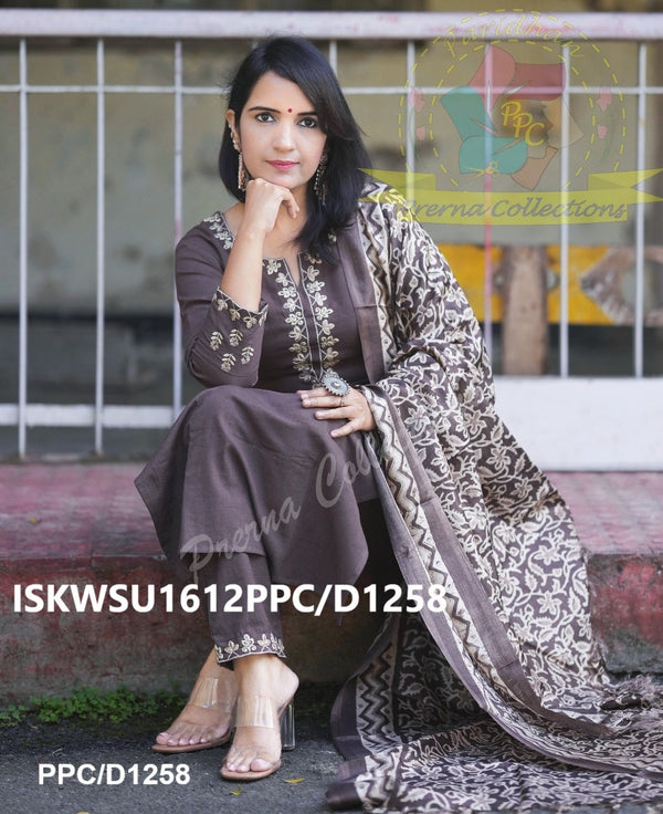 Handloom Cotton Kurti With Pant And Batik Printed Khadi Silk Dupatta-ISKWSU1612PPC/D1258