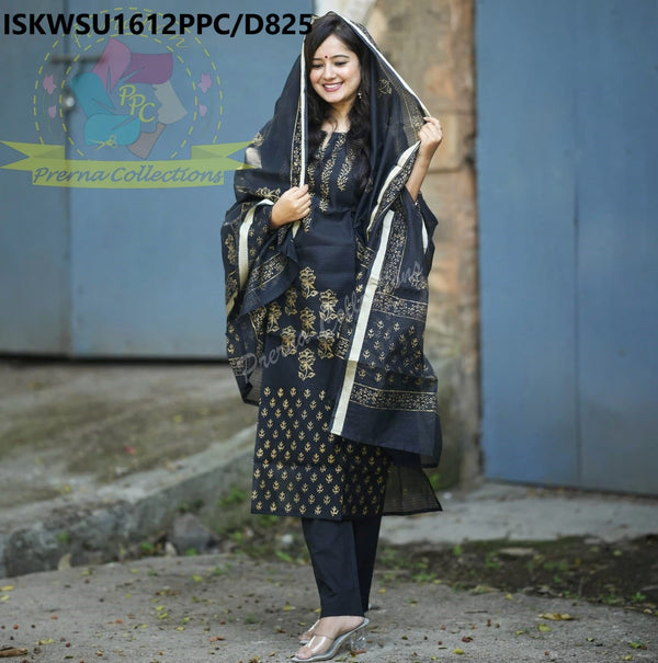 Block Printed Kota Doriya Kurti With Cotton Pant And Dupatta-ISKWSU1612PPC/D825