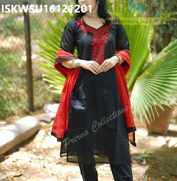 Embroidered Chanderi Silk Kurti With Pant And Dupatta-ISKWSU16121201