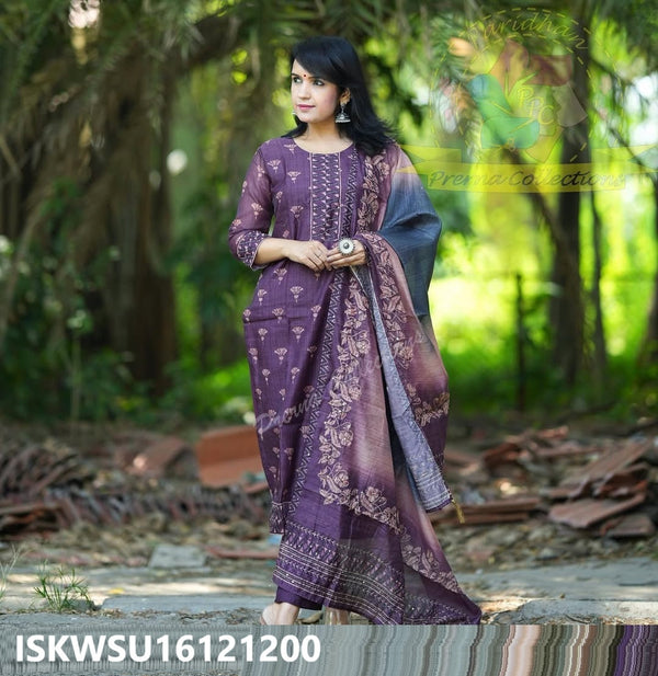 Printed Chanderi Silk Kurti With Pant And Dupatta-ISKWSU16121200