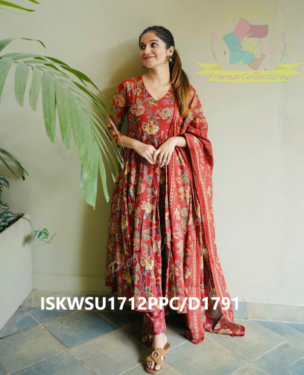 Block Printed Cotton Anarkali Kurti With Pant And Malmal Cotton Dupatta-ISKWSU1712PPC/D1791