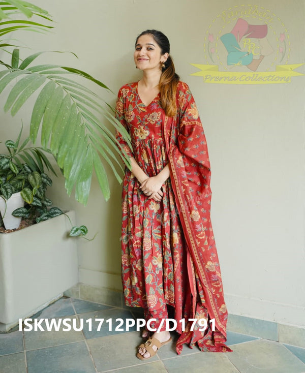 Block Printed Cotton Anarkali Kurti With Pant And Malmal Cotton Dupatta-ISKWSU1712PPC/D1791