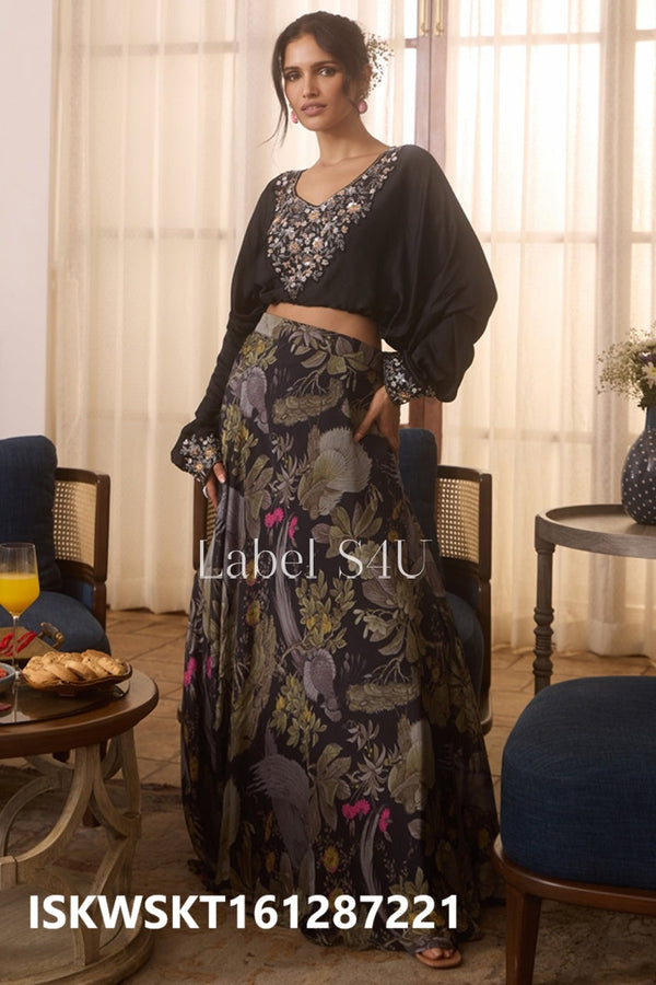 Printed Silk Skirt With Embroidered Top-ISKWSKT161287221