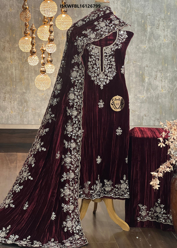 Embroidered Crush Velvet Kurti With Bottom And Dupatta-ISKWFBL16126799