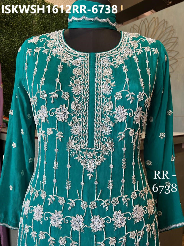 Embroidered Chinon Kurti With Sharara And Dupatta-ISKWSH1612RR-6738